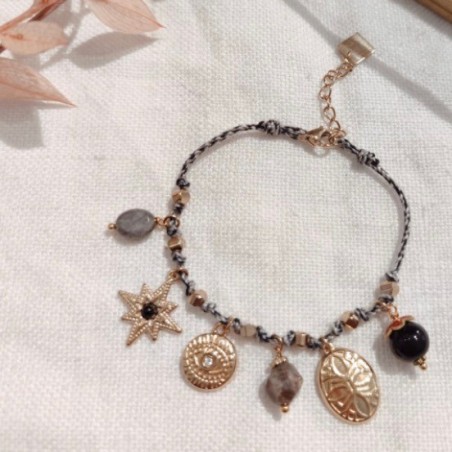 Bracelet à Breloques en Acier Doré sur Cordon Gris et Noir MILË MILA