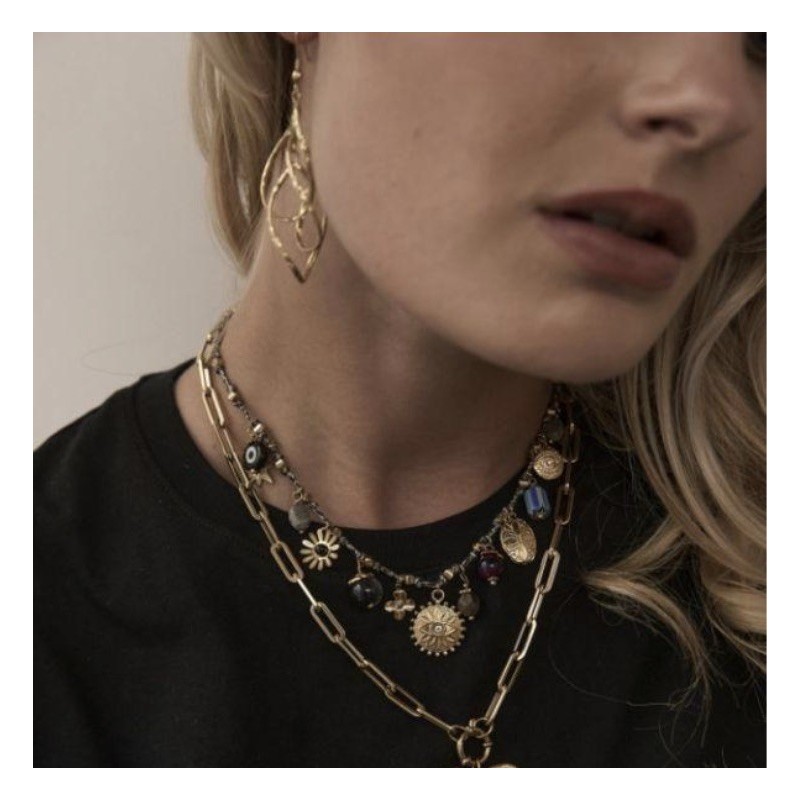 Collier à Breloques en Acier Doré sur Cordon Gris et Noir MILË MILA